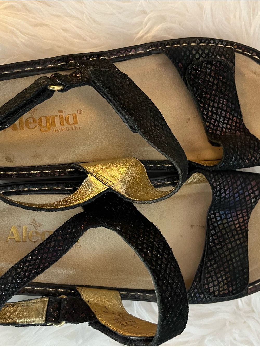 Alegria Women's Black and Gold Strappy Comfort Sandals